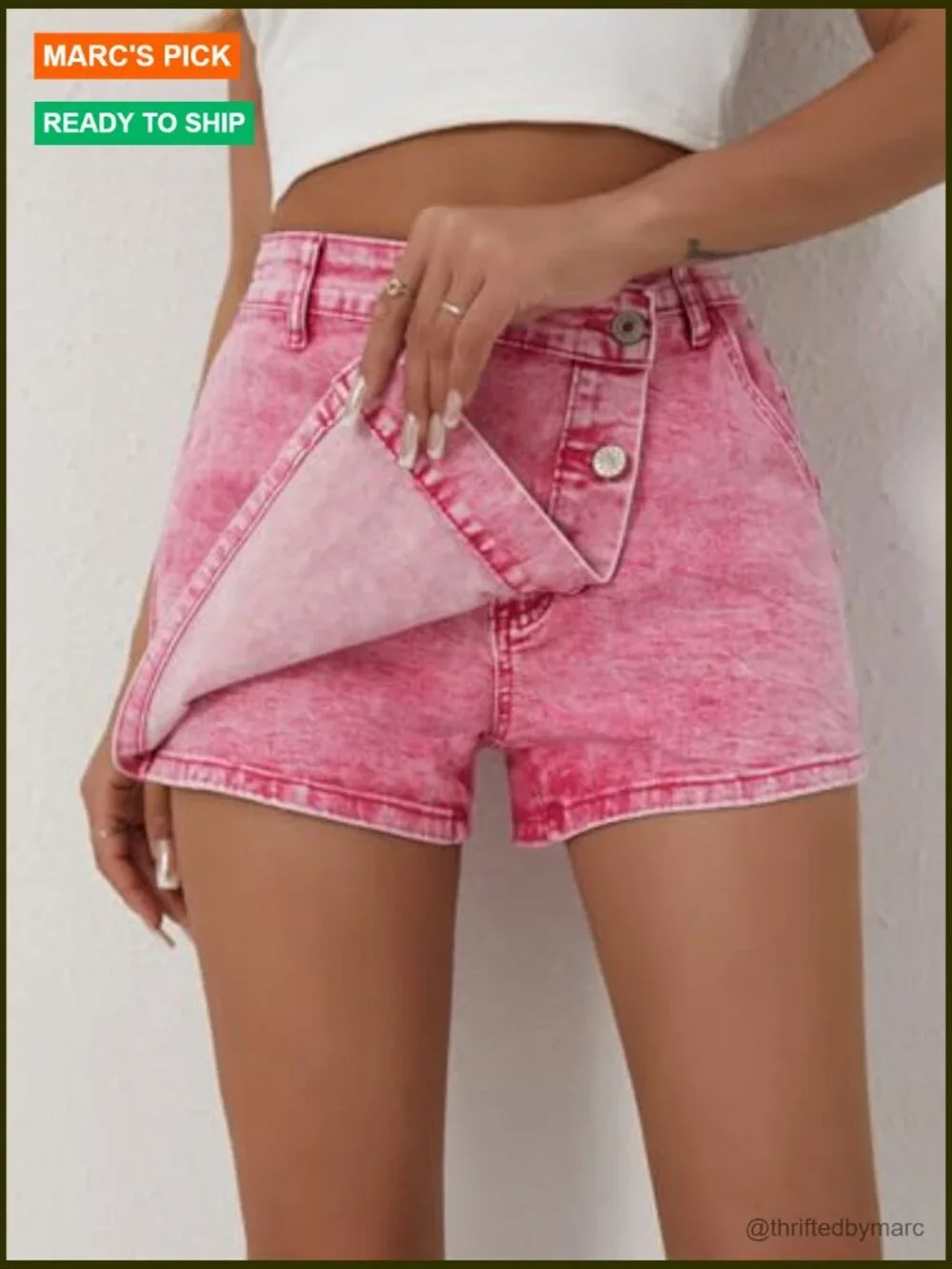High Waisted Denim Skort Asymmetrical Button Distressed Hem Stretch